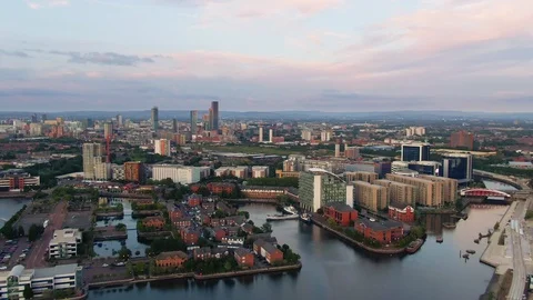 Salford quays aerial view central bay manchester uk Stock Footage
