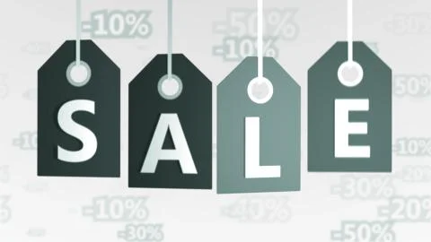 Salient 3d rendering of four grey sales tags of different tints placed in a l Stock Illustration