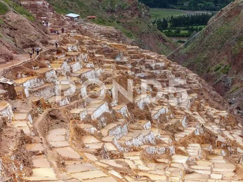 Salinas de Maras - salt evaporation ponds near town of Maras in Peru Stock Photos