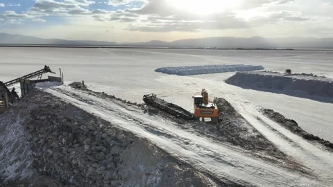 Salinas Grandes Lithium Mining Machinery Working on Salt Flat in Jujuy Argentina Stock Footage 345635665