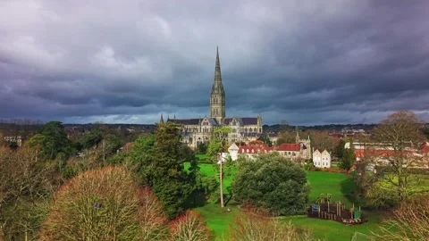 Salisbury Cathedral framed by trees with dramatic storm sky Wiltshire England Stockbeeldmateriaal 333447052