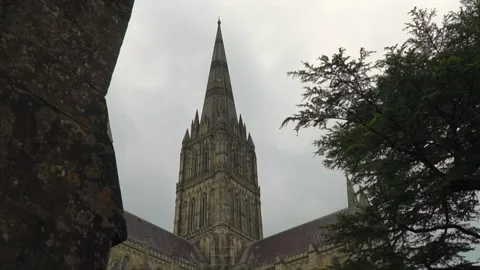 Salisbury Cathedral tower framed by tree and stone wall, historic church in Stock Footage 309662034