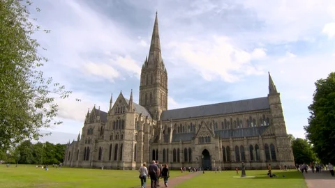 Salisbury Cathedral Wide &amp; Panning up Stock Footage 79844138
