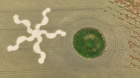 Salisbury five semi circle star crop formation aerial view near Stone Stock Footage 281047818