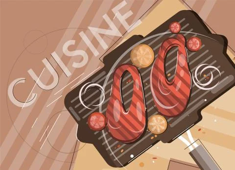 Salmon barbeque flat illustration view from above Illustrazione stock