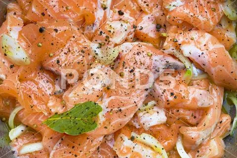 Salmon being prepared for marination Stock Photos
