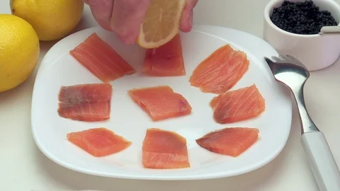 Salmon, caviar   &amp; lemon Stock Footage 81628821