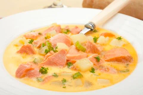 Salmon chowder soup Stock Photos