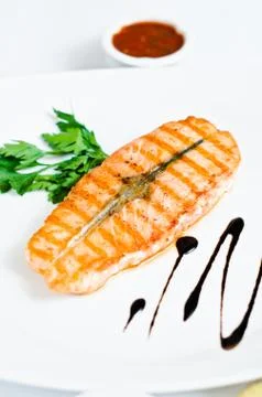Salmon cooked on the grill Foto stock