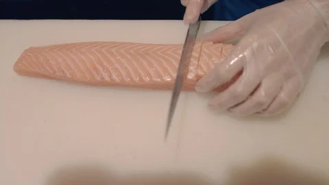 Salmon Cut In Strips Stock Footage 96289723