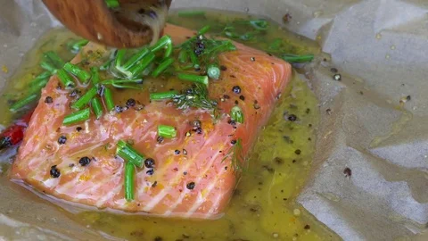 Salmon fillet, chef prepare fish for cooking. Stock Footage 76158747