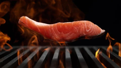 Salmon Fillet Falling onto Grill Grate in Slow Motion - BBQ on Black Background 스톡 동영상 196878168