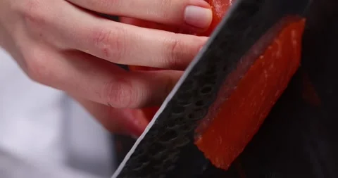 Salmon fillet raw cut into chunks, chill... | Stock Video | Pond5