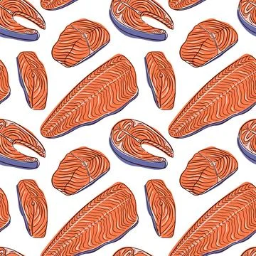 Salmon fillet seamless pattern in flat style. Food design for seafood restaurant Stock Illustration