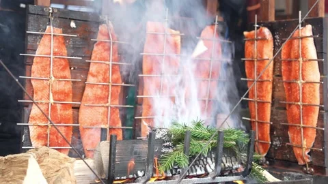 Salmon fillets grilling vertically over an open fire with aromatic branches Stock Footage 326124677