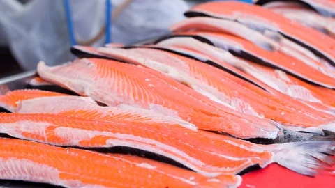 Salmon fillets on a pile, prepared for processing. 스톡 동영상 111778691