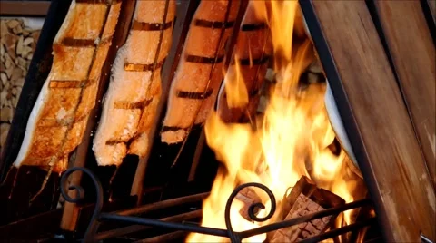 Salmon on fire Stock Footage 48530479