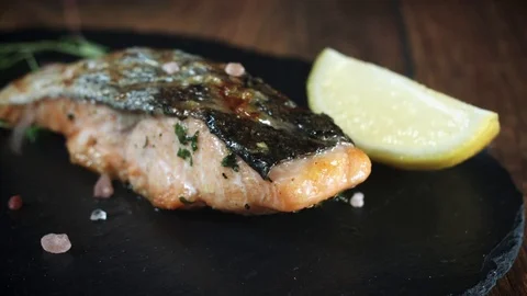 Salmon Fish Fillet Cooked and Served, Seasoning 스톡 동영상 80974455