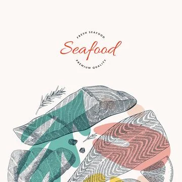 Salmon fish illustration, vector template with hand drawn art of salmon fillet Stock Illustration