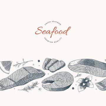 Salmon fish illustration, vector template with hand drawn art of salmon fillet Stock Illustration