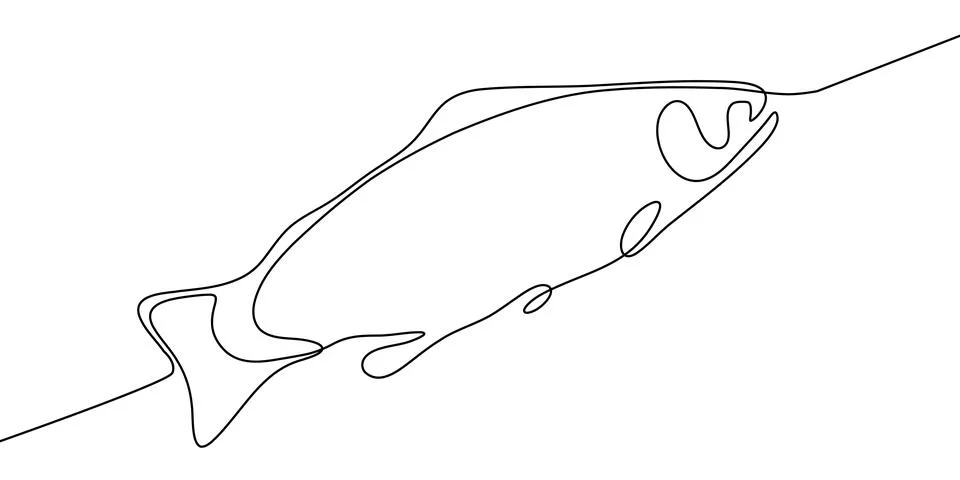 Salmon fish line drawing vector art continuous icon tuna trout seafood. Line Illustrazione stock