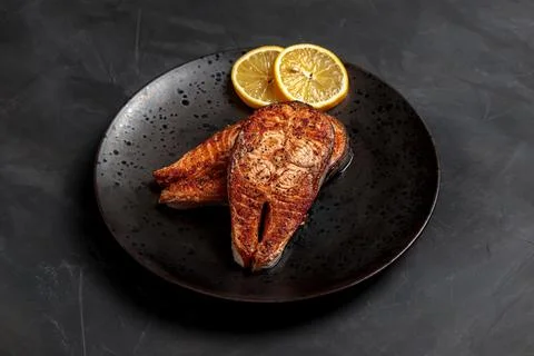 Salmon fish steak cooked Dinner seafood dish plate Stock Illustration
