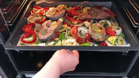 Salmon fish with vegetables sent to the oven Stock Footage 135380657