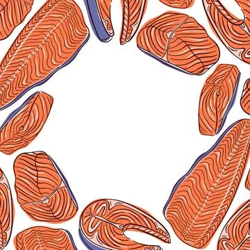 Salmon frame with fresh fish fillet in flat style. Minimal seafood border on Stock Illustration