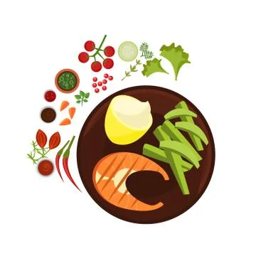 Salmon Grilled Steak on Plate. Vector Illustration Stock Illustration