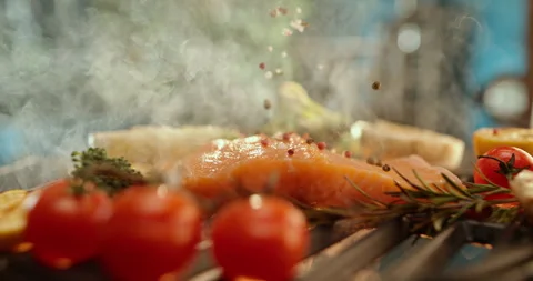 Salmon grilling on the grill pan Stock-Footage 311829406