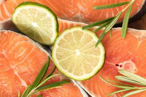 Salmon with lemon slice close-up Stock Photos