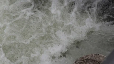Salmon migrating back to spawning grounds and leaping over dam Stock Footage 117348887