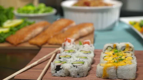 Salmon Move to Sushi on Table Close Up Stock Footage 64974172