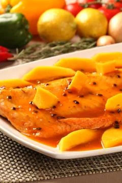 Salmon with passion fruit. Stock Photos
