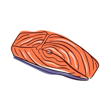 Salmon piece in flat style. Red steak slice. Fresh product. Outline design for Illustrazione stock