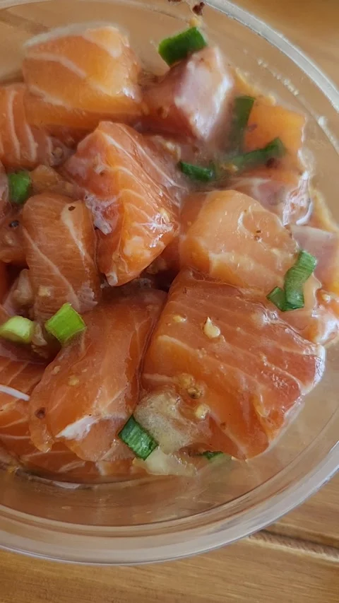 Salmon poke close-up Stock Footage 186515672