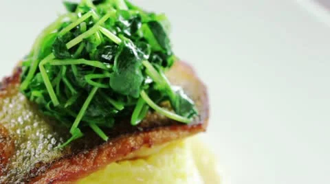 Salmon Polenta dish Turn Stock Footage 12273549