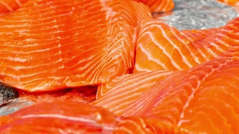 Salmon, raw fillets on ice, selective focus, moving sideways 스톡 동영상 245520234