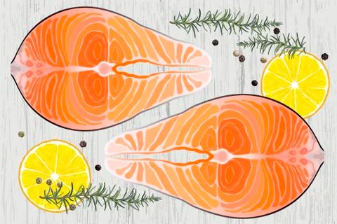 Salmon raw steak red fish top view vector illustration 스톡 일러스트