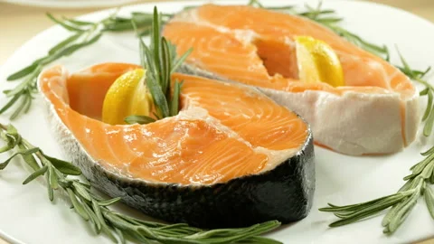 Salmon. Raw Trout Red Fish Steak with Herbs and Lemon. Cooking Salmon, sea food. Stock Footage 97796696