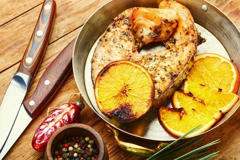 Salmon roasted in orange Stock Photos