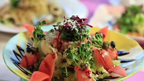 Salmon salad Cooking 06 Stock Footage 144427584