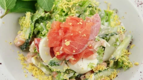Salmon salad with prawns, closeup Stock Footage 56849015