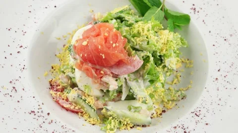 Salmon salad with prawns Stock Footage 56849018