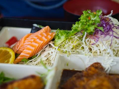 Salmon sashimi box Stock Photos