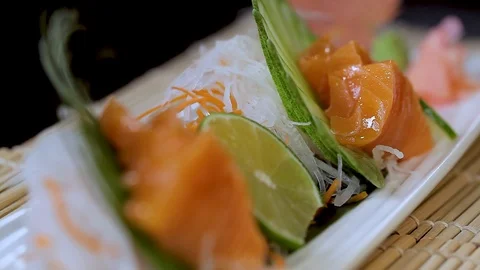 Salmon Sashimi Closeup Stock Footage 90939387