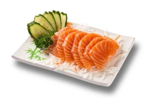 Salmon sashimi with withe plate isolated on white background Stock Photos