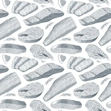 Salmon seafood pattern, ink realistic illustration of sea fish, salmon fillet Stock Illustration