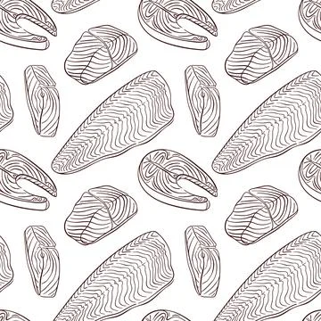 Salmon slice seamless pattern in line art style. Food design for seafood Stock Illustration