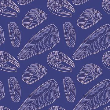 Salmon slice seamless pattern in line art style. Food design for seafood Stock Illustration